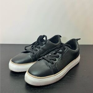 Black Woven Lace-Up Platform Sneakers with White Sole